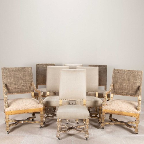Set Of Six 19Th Century Louis XIV Style Giltwood Dining Chairs And Two Armchairs