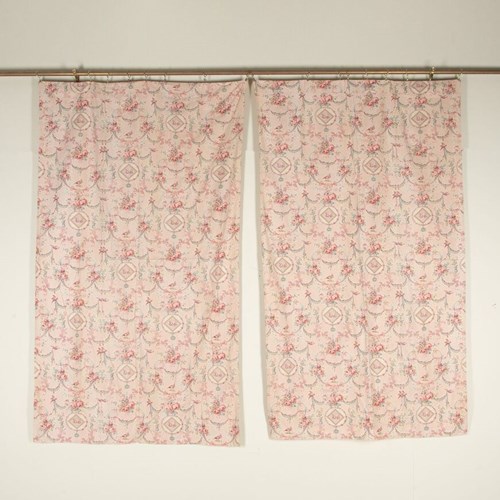 Large Set Of 19Th Century French Roses & Birds Linen Cotton Curtains