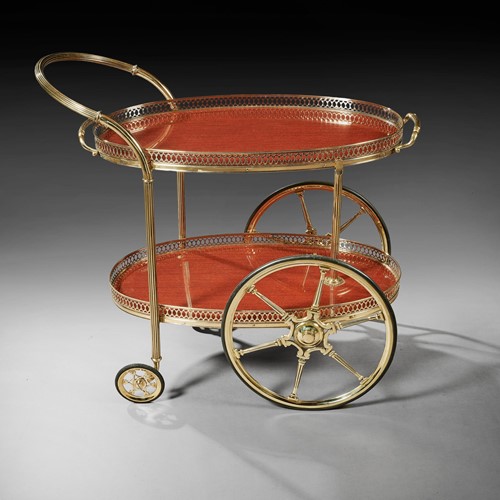 Mid Century Oval Brass Tray Bar Cart 