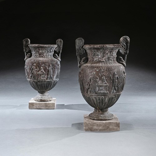 Imposing Pair Of French Ornamental Lead Vases Based On The Sosibios Vase