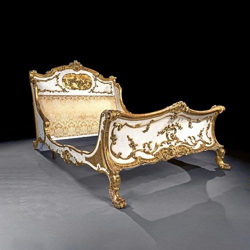 Late 19Th Century French Rococo Style Painted And Parcel Gilt King Size Bed