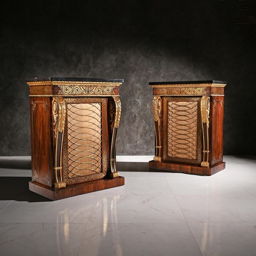 Fine Pair Of Regency Brass Inlaid Side Cabinets Attributed To Louis Constantin 