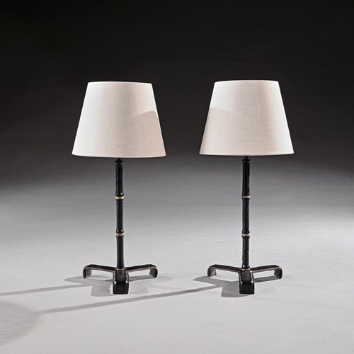 Pair Of Leather Simulated Bamboo Table Lamps Attributed To Jacques Adnet