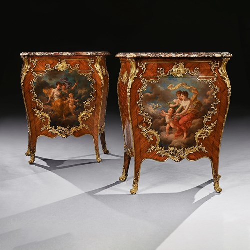 Pair Of 19Th Century French Kingwood And Vernis Martin Petit Commodes