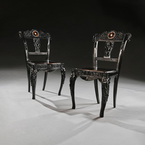 Pair Of Ceylonese 19Th Century Carved Ebony Side Chairs With Specimen Inlay Gall