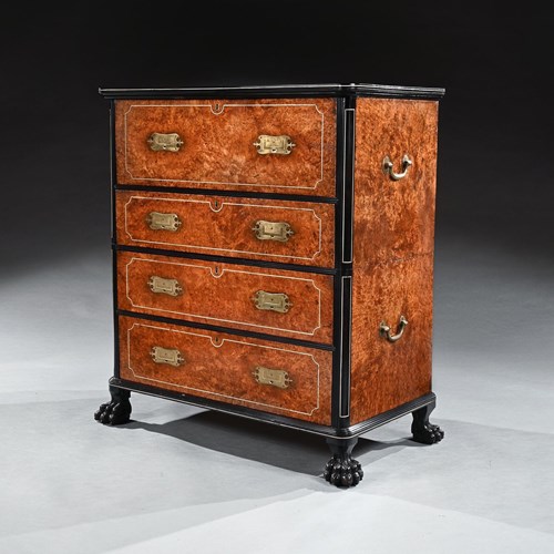 Early 19Th Century Chinese Export Burr Amboyna And Ebony Secretaire Chest Of Dra