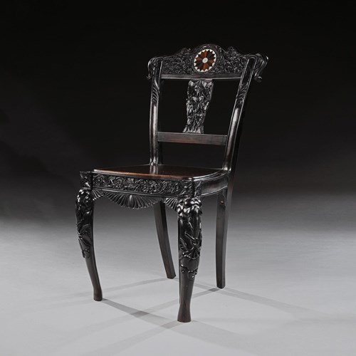 Ceylonese 19Th Century Carved Ebony Side Chair With Specimen Inlay Galle Distric