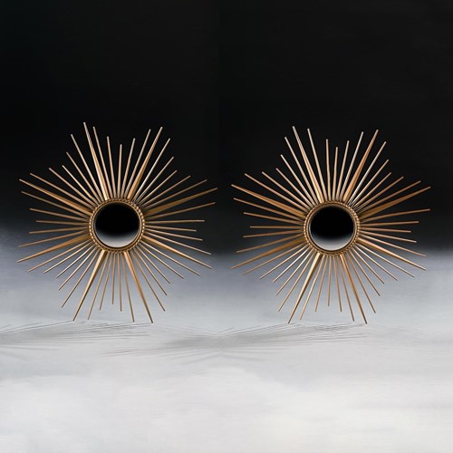 Large Pair Of Mid Century Chaty Vallauris Sunburst Mirrors With Convex Plates