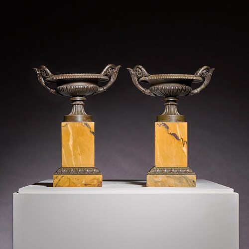 Large Pair Of Early 19Th Century French Grand Tour Bronze And Siena Marble Tazza