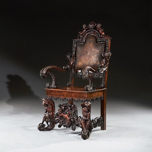 Italian 19Th Century Carved Walnut Armchair