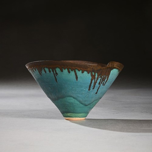 Dame Lucie Rie Turquoise Blue Stoneware Bowl With Dripping Manganese Glaze