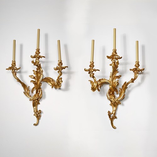 Exceptional Pair Of Large 19Th Century French Three Branch Ormolu Wall Lights Or