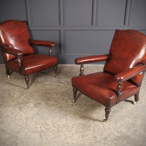 19Th Century Pair Of Leather Library Armchairs