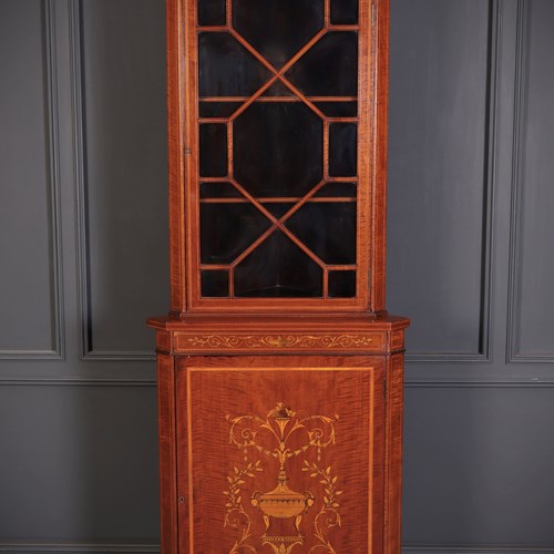 Edwardian Marquetry Inlaid Mahogany Corner Cupboard