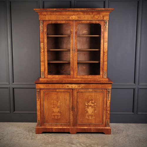 Figured Walnut Marquetry Inlaid Glazed Bookcase