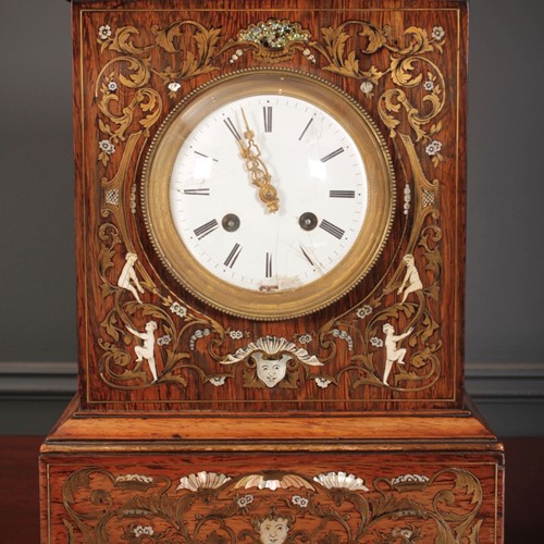 French Brass Inlaid Rosewood Mantle Clock