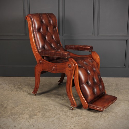 Mahogany & Buttoned Brown Leather Reclining Chair 