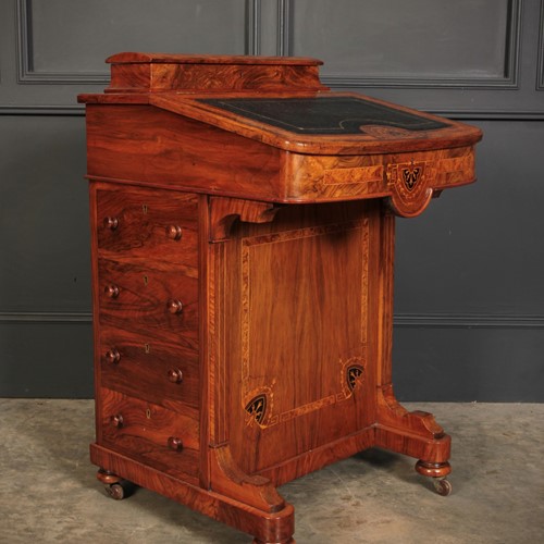 Victorian Walnut Marquetry Inlaid Davenport Desk