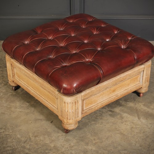 Victorian Light Oak & Brown Buttoned Leather Footstool