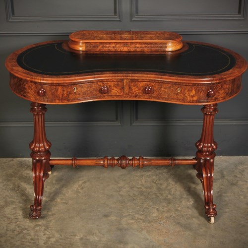 Marquetry Inlaid Burr Walnut Kidney Shaped Writing Table