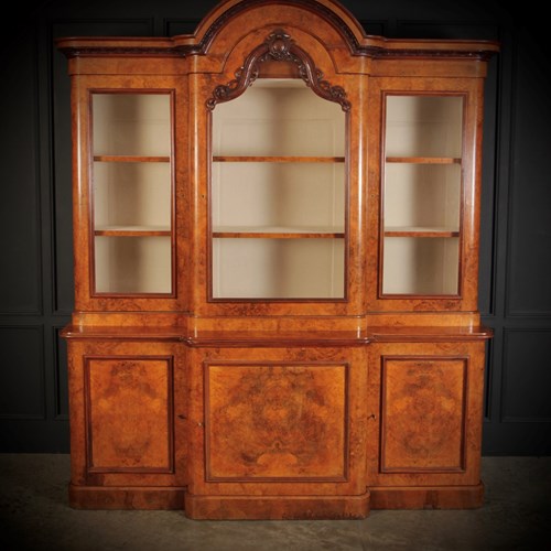 Large Victorian Burr Walnut Breakfront Bookcase