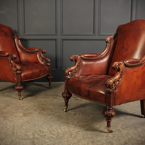 Pair Of Victorian Walnut & Buttoned Leather Library Chairs