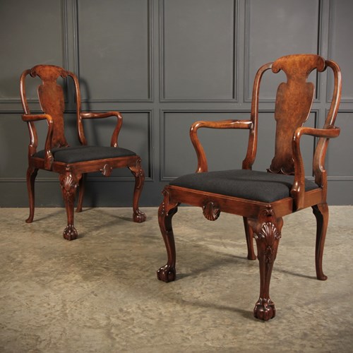 Superb Pair Of Queen Anne Style Walnut Armchairs