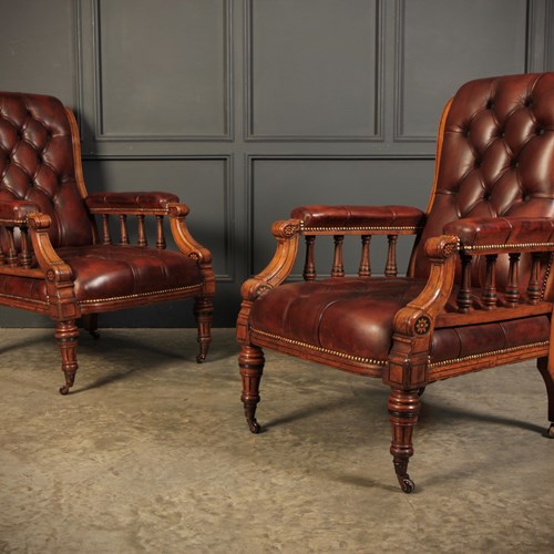 Magnificent Pair Of Inlaid Walnut & Leather Library Chairs