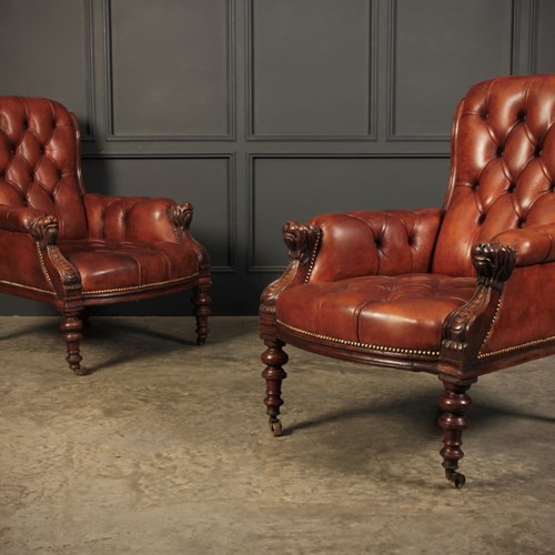 Pair Of Hand Dyed Buttoned Leather Library Armchairs