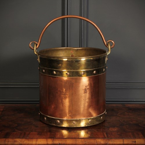 19Th Century Riveted Brass & Copper Coal Bucket