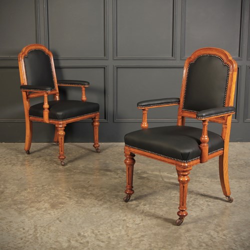 Pair Of Gothic Oak & Leather Partners Desk Chairs