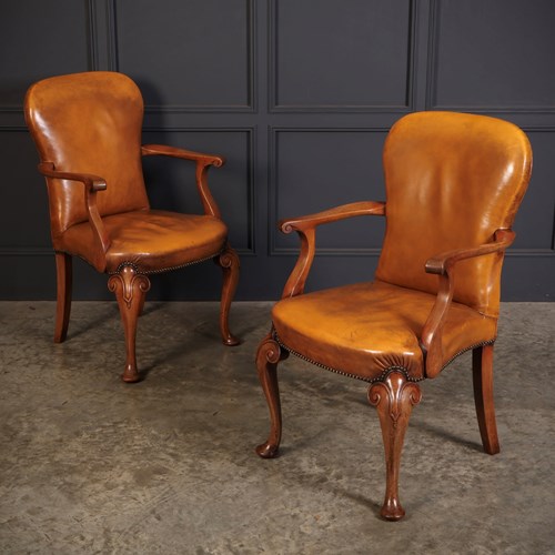 Pair Of Queen Anne Style Walnut & Leather Armchairs