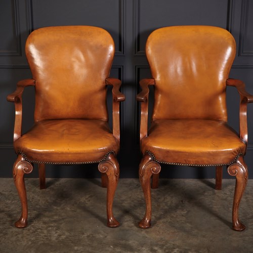 Pair Of Queen Anne Style Walnut & Leather Armchairs