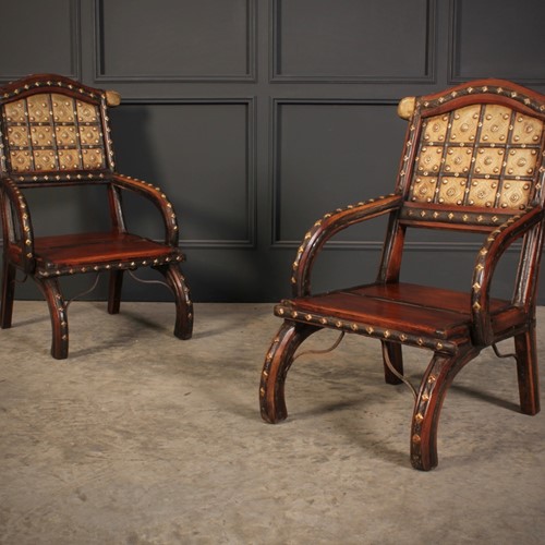 Pair Of Indian Hardwood & Brass Chairs