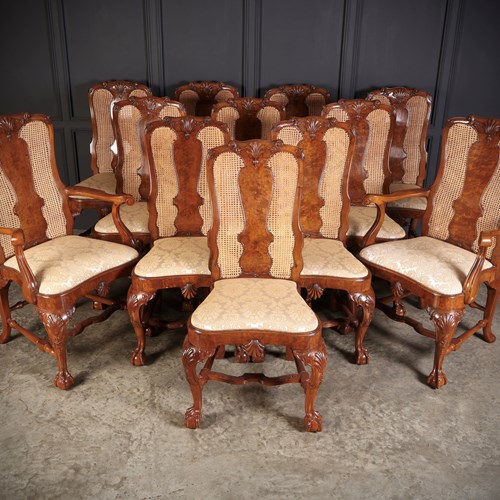 Set Of Twelve Queen Anne Style Walnut Dining Chairs