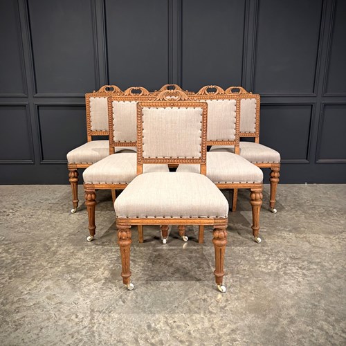 Set Of Six Carved Bleached Oak Dining Chairs