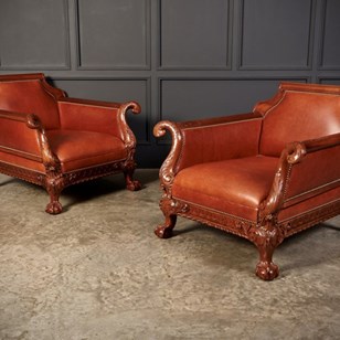 Pair Of Carved Mahogany & Leather L...
