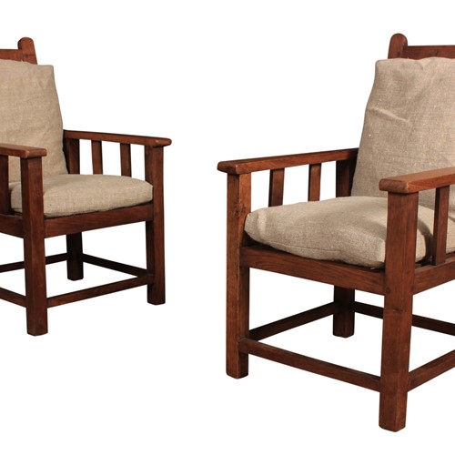 Pair of Solid Oak Reclining Childrens Armchairs