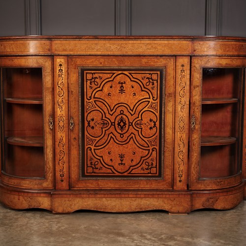 Victorian Burr Walnut Marquetry Inlaid Credenza