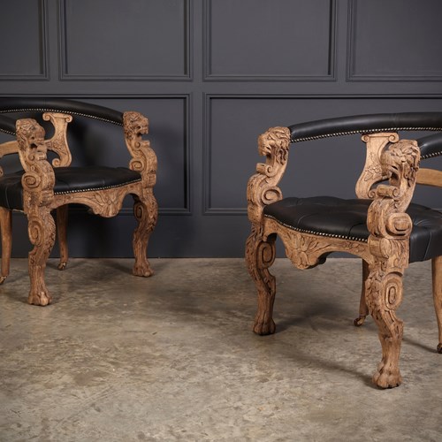 Pair Of Bleached Carved Oak & Black Leather Desk Chairs