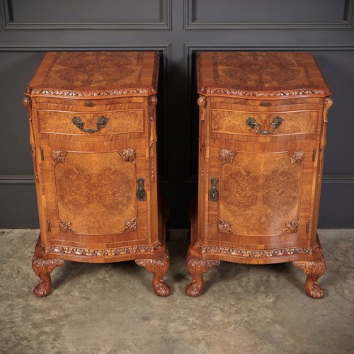 Pair Of Queen Anne Style Burr Walnut Bedside Cabinets