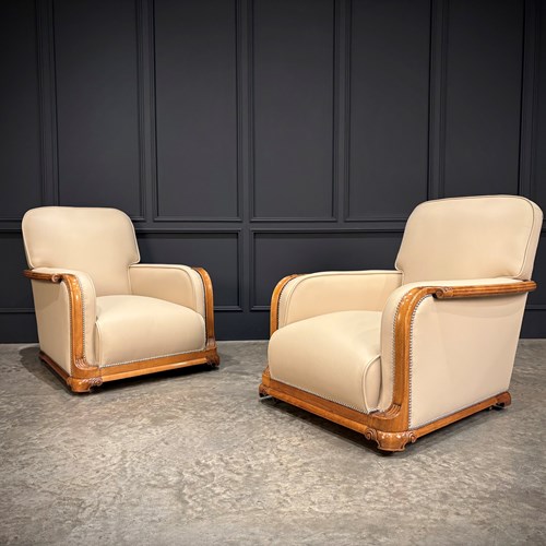 Pair Of Art Deco Walnut & Leather Armchairs