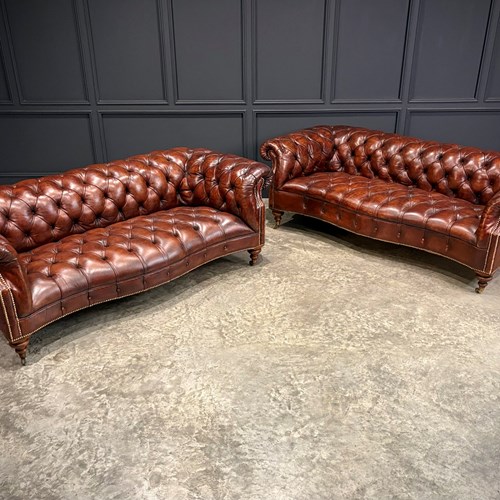 Pair Of Hand Dyed Brown Leather Chesterfield Sofas