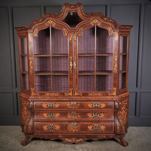 Large Dutch Marquetry Inlaid Walnut Bombe Shaped Cabinet