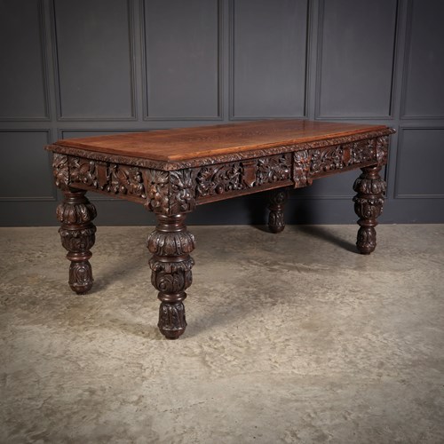 Large Impressive Carved Oak Writing Table