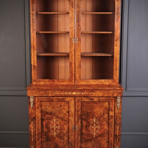 Marquetry Inlaid Burr Walnut Glazed Bookcase 