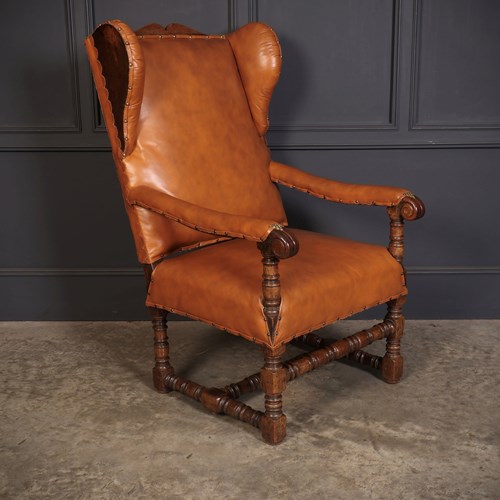 19Th Century Oak & Leather Wingback Armchair