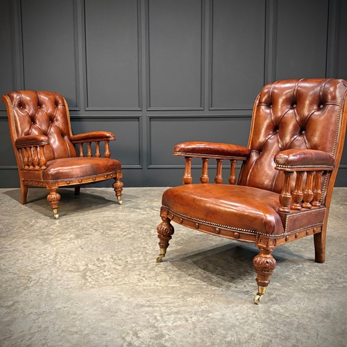 Pair Of Oak & Buttoned Leather Library Armchairs 