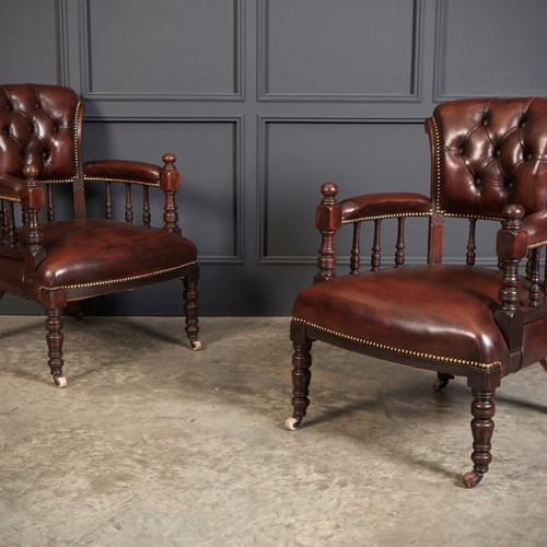 Pair Of Victorian Mahogany & Buttoned Leather Captains Desk Chairs