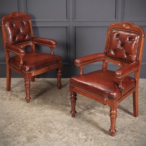 Pair Of Walnut & Leather Library Desk Chairs